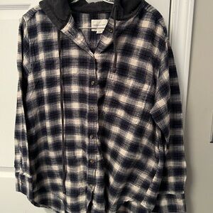 American Eagle Blue Plaid Flannel Button-Up Shirt with Hood